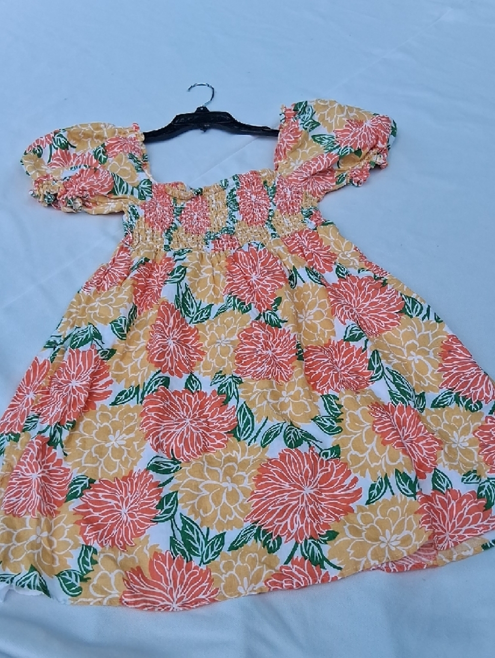 Smocked Puff-Sleeve Mini Dress - Yellow & Coral Floral 100% Linen Sz ( M ) - Picture 10 of 10